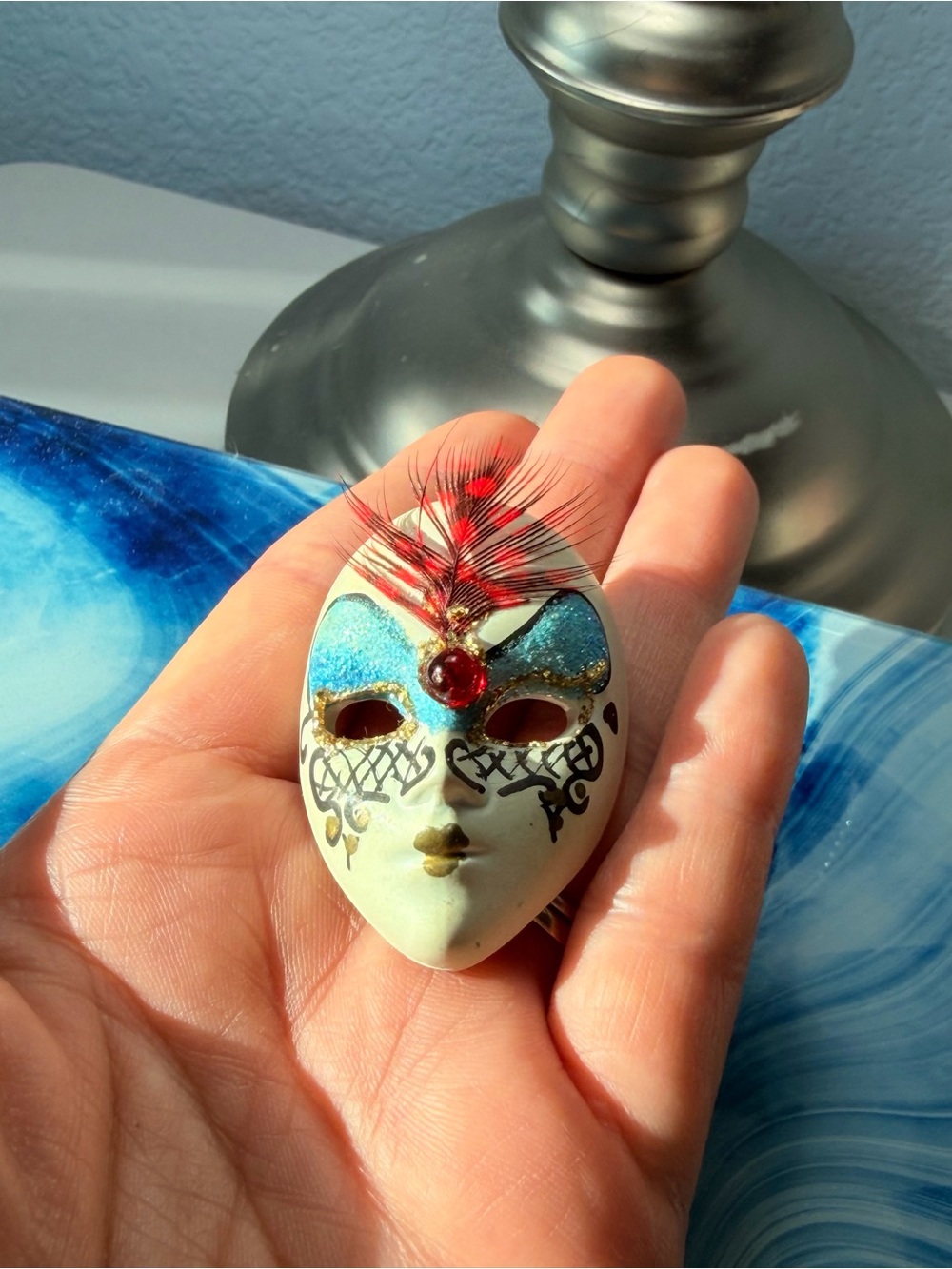 Vintage Hand Painted Venetian Mask Brooch Pin Feathers Glitter